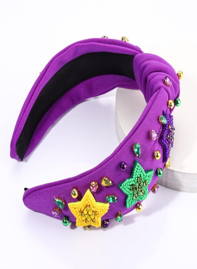 MOLOCH Mardi Gras Headband for Women Beaded Purple Yellow Green Stars Knotted Headband Carnival Jeweled Crystal Top Knot Hairband Fat Tuesday Hair Accessories Gifts - Image 3